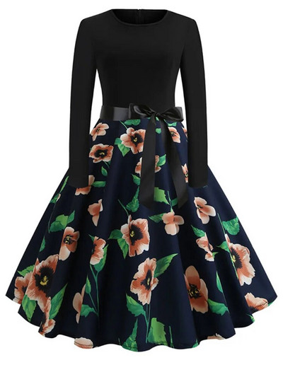 Talvised jõulukleidid Naistele 50S 60S Vintage hommikumantel Swing Pinup Elegantne peokleit pikkade varrukatega vabaaja muster