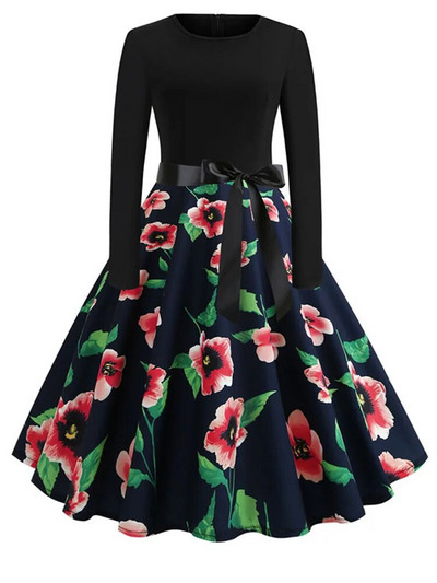 Talvised jõulukleidid Naistele 50S 60S Vintage hommikumantel Swing Pinup Elegantne peokleit pikkade varrukatega vabaaja muster