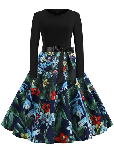 Talvised jõulukleidid Naistele 50S 60S Vintage hommikumantel Swing Pinup Elegantne peokleit pikkade varrukatega vabaaja muster