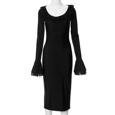 Punane tõmblukuga vööri seljata kleit maksikleit pikkade varrukatega, nööbiga väljalõigatud jõulupidu festivali õhtune Vestidos klubi rüü