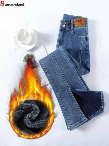 Thicken Skinny Split Flare Denim Pants Топли корейски ежедневни панталони Vaqueros с висока талия Зимни плюс кадифени дънки с копчета