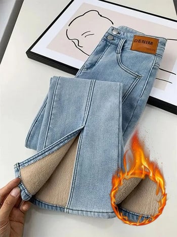 Thicken Skinny Split Flare Denim Pants Топли корейски ежедневни панталони Vaqueros с висока талия Зимни плюс кадифени дънки с копчета