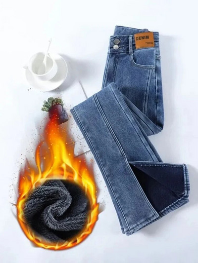 Paksud kitsad lõhestatud teksapüksid kõrge vöökohaga soojad Vaqueros korea vabaaja Pantalones Winter Plus sametvoodriga nööbiga teksad