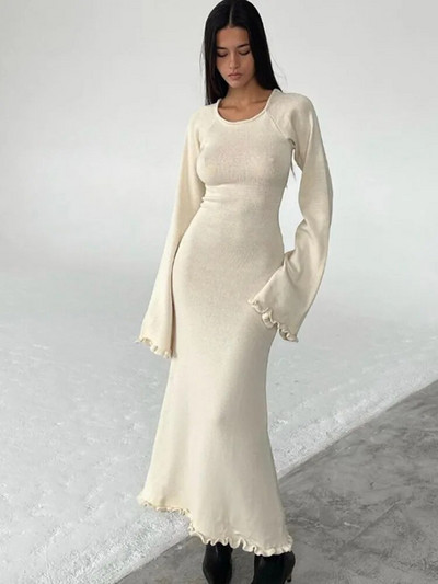 Voldisidega seljata kootud kleit naistele, pikkade varrukatega, pitsiga, kõrge vöökohaga maksikleit Naiste suvine kudum, sidemega mood kleidid