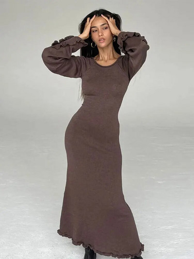 Voldisidega seljata kootud kleit naistele, pikkade varrukatega, pitsiga, kõrge vöökohaga maksikleit Naiste suvine kudum, sidemega mood kleidid