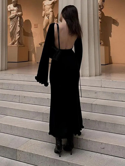 Voldisidega seljata kootud kleit naistele, pikkade varrukatega, pitsiga, kõrge vöökohaga maksikleit Naiste suvine kudum, sidemega mood kleidid