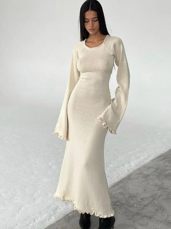 Voldisidega seljata kootud kleit naistele, pikkade varrukatega, pitsiga, kõrge vöökohaga maksikleit Naiste suvine kudum, sidemega mood kleidid