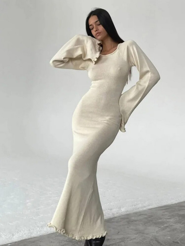 Voldisidega seljata kootud kleit naistele, pikkade varrukatega, pitsiga, kõrge vöökohaga maksikleit Naiste suvine kudum, sidemega mood kleidid