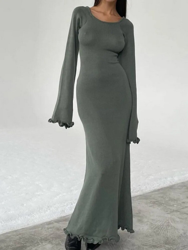 Voldisidega seljata kootud kleit naistele, pikkade varrukatega, pitsiga, kõrge vöökohaga maksikleit Naiste suvine kudum, sidemega mood kleidid