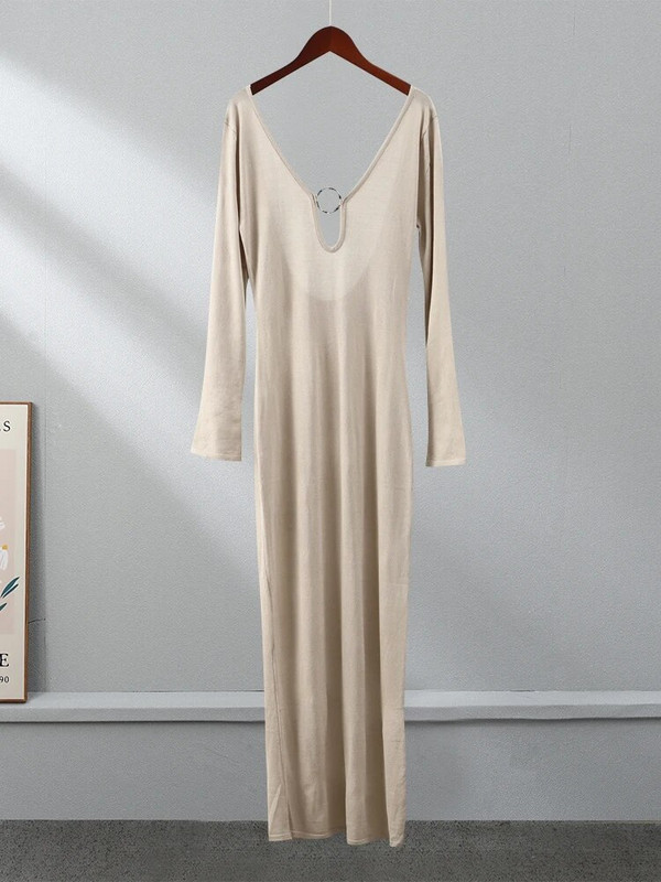 Čvrsta seksi ženska pletena haljina bez leđa s dubokim V izrezom, maksi haljine dugih rukava 2023. Lady Beach Vocation Party Vestidos