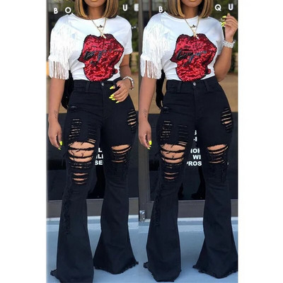Naised Denim High Waist Flare Teksad Boyfriendi lõhkised calca teksad Lady Skinny bell teksad püksid Laia säärega Mom Teksad
