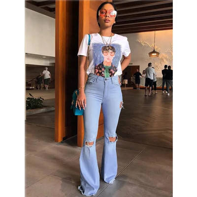 Naised Denim High Waist Flare Teksad Boyfriendi lõhkised calca teksad Lady Skinny bell teksad püksid Laia säärega Mom Teksad