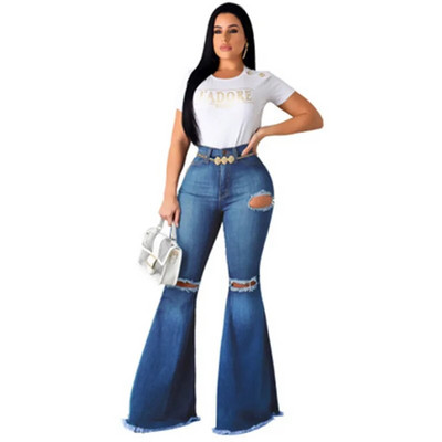 Naised Denim High Waist Flare Teksad Boyfriendi lõhkised calca teksad Lady Skinny bell teksad püksid Laia säärega Mom Teksad