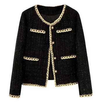Μαύρο κοντό μικρό άρωμα μπουφάν Γυναικείο παλτό Tweed με χρυσή κλωστή υφαντό παντελόνι Casual κοστούμι Γυναικείο μπουφάν 2023 Άνοιξη Φθινόπωρο Νέο