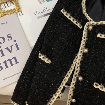 Μαύρο κοντό μικρό άρωμα μπουφάν Γυναικείο παλτό Tweed με χρυσή κλωστή υφαντό παντελόνι Casual κοστούμι Γυναικείο μπουφάν 2023 Άνοιξη Φθινόπωρο Νέο