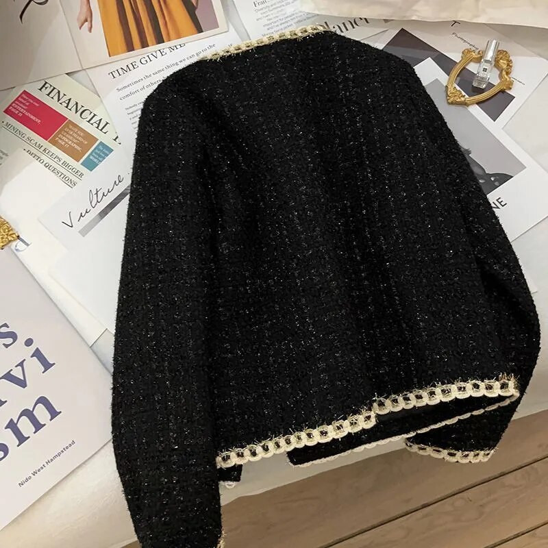 Must lühike väike aroomijope Naiste mantel Tviid Kuldlõngast kootud ülerõivad vabaaja ülikond jakid naistele 2023 kevad-sügis uus