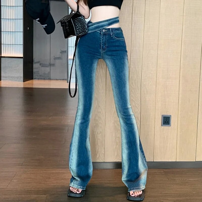 Moda blugi de culoare contrastantă Femei Ocazional Streetwear Denim vopsit în cravată Pantaloni slăbănog Femei Fete Pansaj de epocă Pantaloni clopot 2