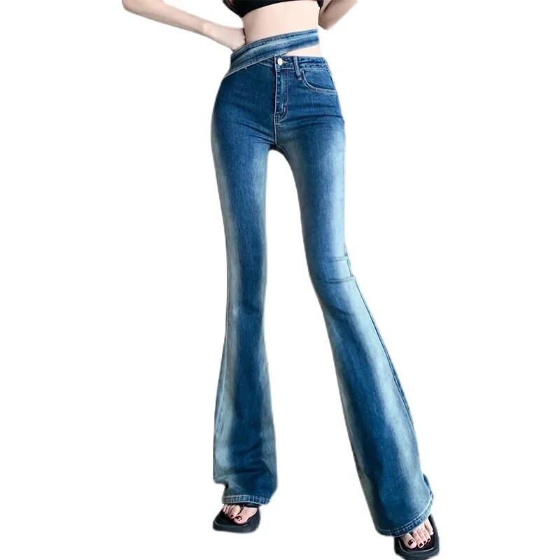 Moda blugi de culoare contrastantă Femei Ocazional Streetwear Denim vopsit în cravată Pantaloni slăbănog Femei Fete Pansaj de epocă Pantaloni clopot 2