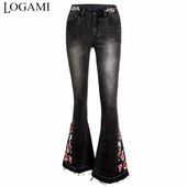 LOGAMI Vintage Embroidery Teksad Naine Elastsed Mustad Teksad Kevadsügises Flare Denim Püksid