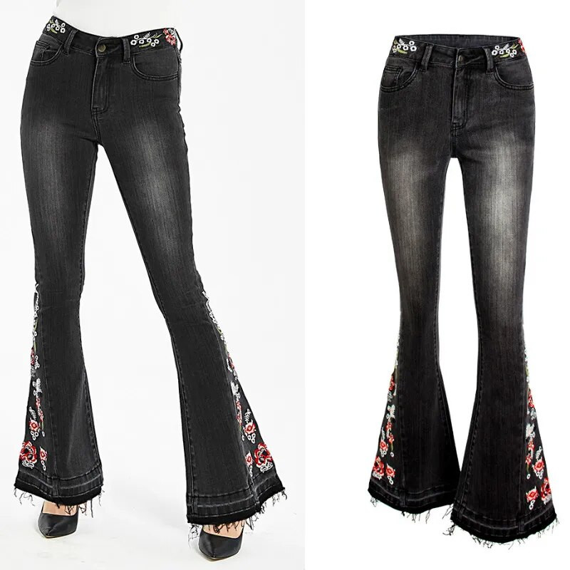 LOGAMI Vintage Embroidery Teksad Naine Elastsed Mustad Teksad Kevadsügises Flare Denim Püksid