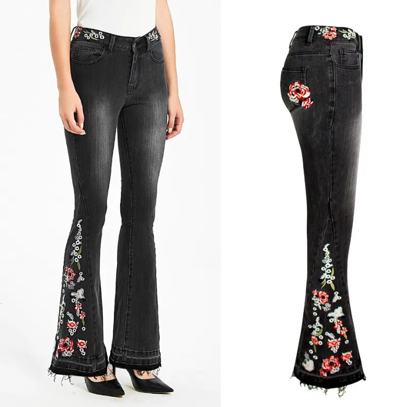 LOGAMI Vintage Embroidery Teksad Naine Elastsed Mustad Teksad Kevadsügises Flare Denim Püksid