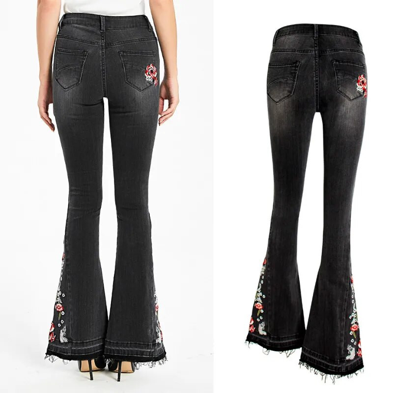 LOGAMI Vintage Embroidery Teksad Naine Elastsed Mustad Teksad Kevadsügises Flare Denim Püksid