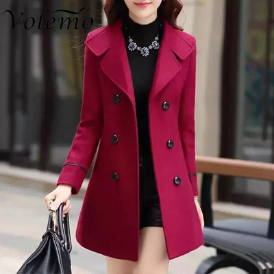 Suures suuruses naiste sügistalvejope, kaherealine ühevärviline mantel Korea õhuke naiste villane naiste jope