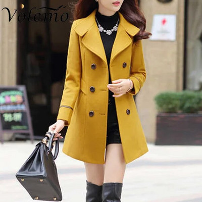 Suures suuruses naiste sügistalvejope, kaherealine ühevärviline mantel Korea õhuke naiste villane naiste jope