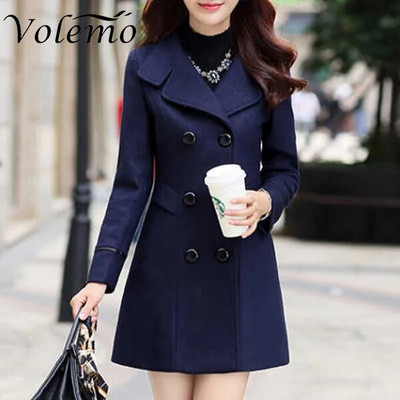 Suures suuruses naiste sügistalvejope, kaherealine ühevärviline mantel Korea õhuke naiste villane naiste jope