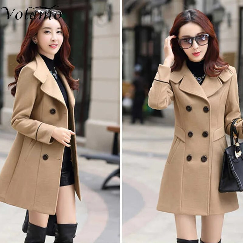 Suures suuruses naiste sügistalvejope, kaherealine ühevärviline mantel Korea õhuke naiste villane naiste jope