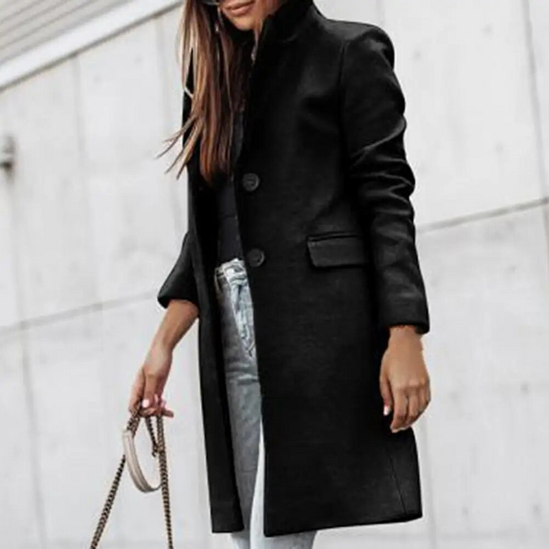 Palton pentru femei, culoare uni clasică, buzunare cu clape, haină de iarnă, haină groasă de iarnă, buzunare cu clape, haină lungă, caldă, din lână.