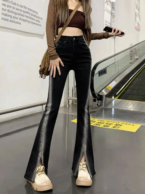 Rafinirane hlače s podijeljenim gradijentom Traper crne ulične ravne traperice Ženske Y2k korejske hlače visokog struka kontrastne boje Chic Hlače kroja