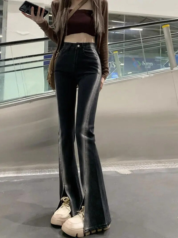 Rafinirane hlače s podijeljenim gradijentom Traper crne ulične ravne traperice Ženske Y2k korejske hlače visokog struka kontrastne boje Chic Hlače kroja