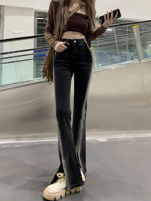 Rafinirane hlače s podijeljenim gradijentom Traper crne ulične ravne traperice Ženske Y2k korejske hlače visokog struka kontrastne boje Chic Hlače kroja