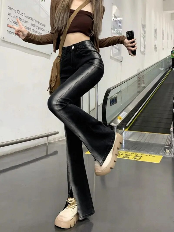 Rafinirane hlače s podijeljenim gradijentom Traper crne ulične ravne traperice Ženske Y2k korejske hlače visokog struka kontrastne boje Chic Hlače kroja