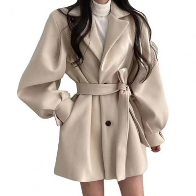 Ženski jesenski zimski kaput s otvorenim ovratnikom, jednobojni, uski struk, deblji, grije s remenom, kardigan, kaput, ženska odjeća