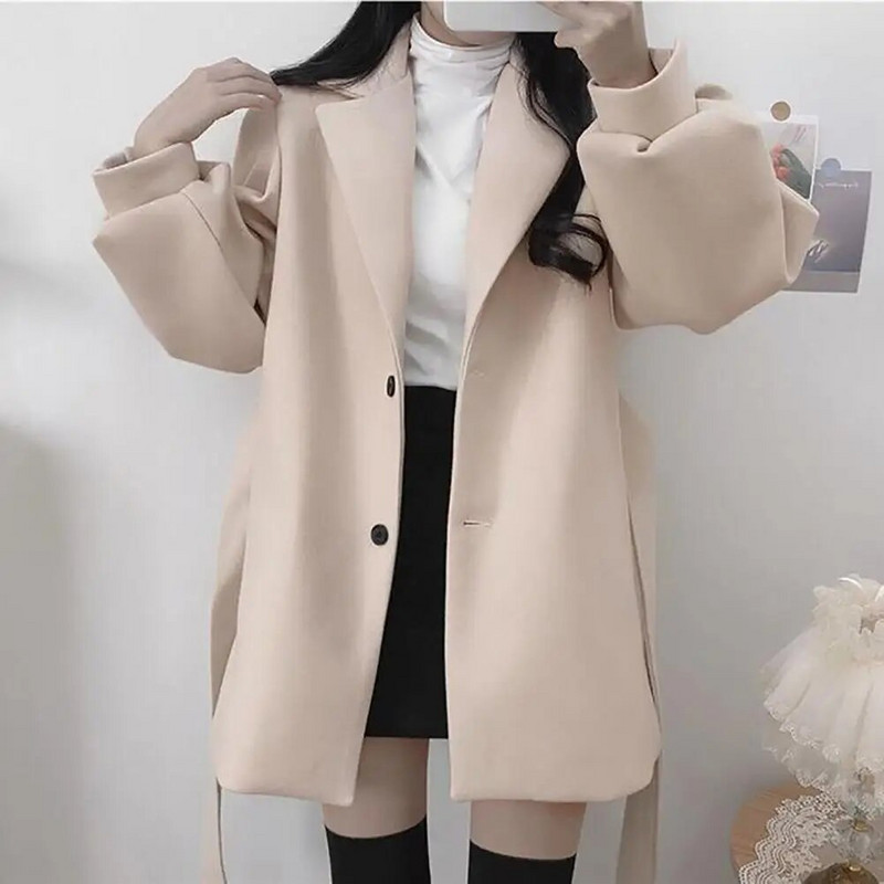 Ženski jesenski zimski kaput s otvorenim ovratnikom, jednobojni, uski struk, deblji, grije s remenom, kardigan, kaput, ženska odjeća