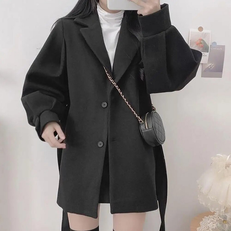 Ženski jesenski zimski kaput s otvorenim ovratnikom, jednobojni, uski struk, deblji, grije s remenom, kardigan, kaput, ženska odjeća