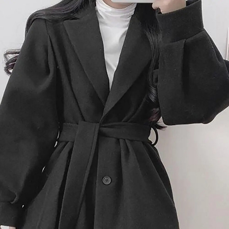 Ženski jesenski zimski kaput s otvorenim ovratnikom, jednobojni, uski struk, deblji, grije s remenom, kardigan, kaput, ženska odjeća