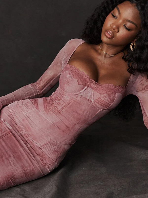 Mozision Seksi midi haljina s dugim rukavima i dugim rukavima s četvrtastim ovratnikom Ženske jesenske i zimske nove duge haljine uz kros Elegantna klupska večernja haljina