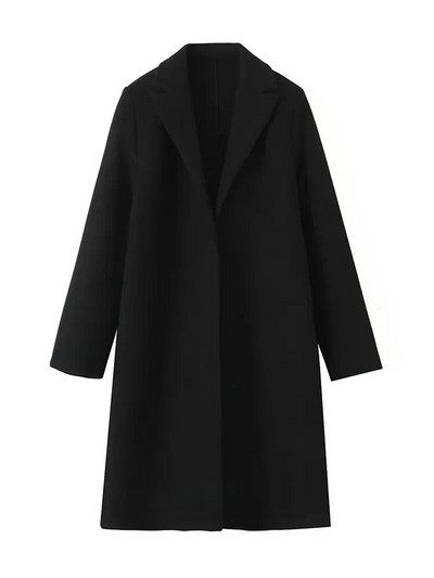 TRAF Moteriškos mados šoninės kišenės Tekstūros vilnonis atviras paltas Vintažinis atvartas apykakle ilgomis rankovėmis Moteriški viršutiniai drabužiai Prašmatnus paltas