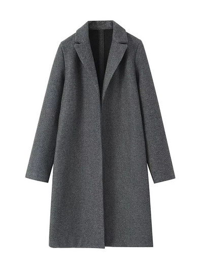 TRAF Moteriškos mados šoninės kišenės Tekstūros vilnonis atviras paltas Vintažinis atvartas apykakle ilgomis rankovėmis Moteriški viršutiniai drabužiai Prašmatnus paltas