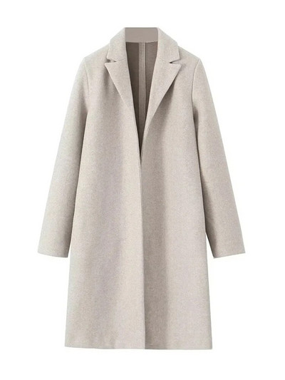 TRAF Moteriškos mados šoninės kišenės Tekstūros vilnonis atviras paltas Vintažinis atvartas apykakle ilgomis rankovėmis Moteriški viršutiniai drabužiai Prašmatnus paltas