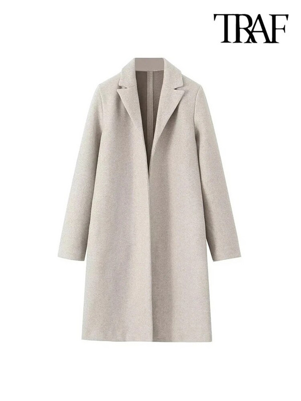 TRAF Moteriškos mados šoninės kišenės Tekstūros vilnonis atviras paltas Vintažinis atvartas apykakle ilgomis rankovėmis Moteriški viršutiniai drabužiai Prašmatnus paltas