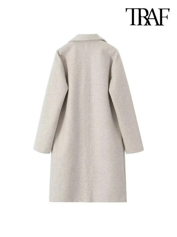 TRAF Moteriškos mados šoninės kišenės Tekstūros vilnonis atviras paltas Vintažinis atvartas apykakle ilgomis rankovėmis Moteriški viršutiniai drabužiai Prašmatnus paltas