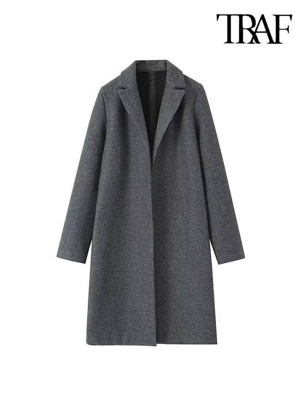 TRAF Moteriškos mados šoninės kišenės Tekstūros vilnonis atviras paltas Vintažinis atvartas apykakle ilgomis rankovėmis Moteriški viršutiniai drabužiai Prašmatnus paltas