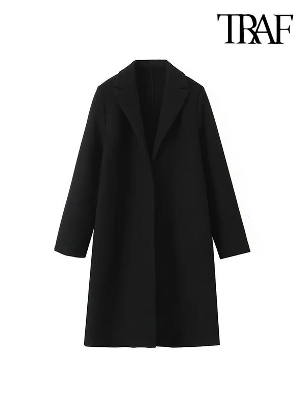 TRAF Moteriškos mados šoninės kišenės Tekstūros vilnonis atviras paltas Vintažinis atvartas apykakle ilgomis rankovėmis Moteriški viršutiniai drabužiai Prašmatnus paltas