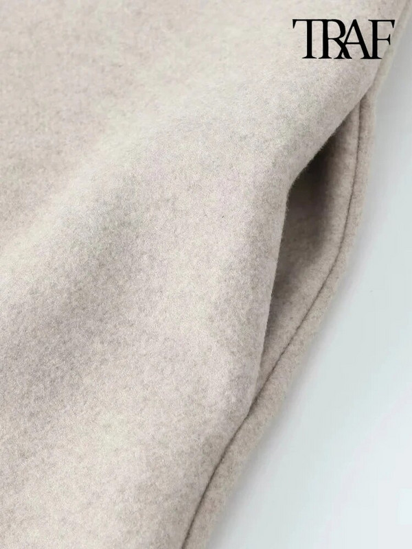 TRAF Moteriškos mados šoninės kišenės Tekstūros vilnonis atviras paltas Vintažinis atvartas apykakle ilgomis rankovėmis Moteriški viršutiniai drabužiai Prašmatnus paltas