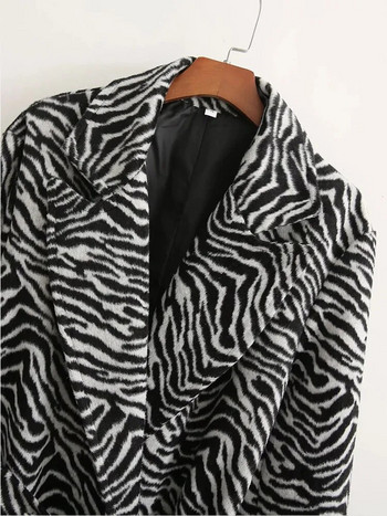 XNWMNZ Fashion Zebra ριγέ στάμπα χειμερινού μακρύ παλτό γυναικεία με ζώνη Διπλό στήθος χοντρό ζεστό απαλό λεπτή εφαρμογή Κομψά streetwear