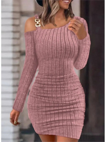 Sexy Chain Off Shoulder Μίνι Φόρεμα Γυναικεία Φθινοπωρινή Μόδα Bodycon Φορέματα Μακρυμάνικα Γυναικεία Χειμερινά Skinny Knitted Vestidaos